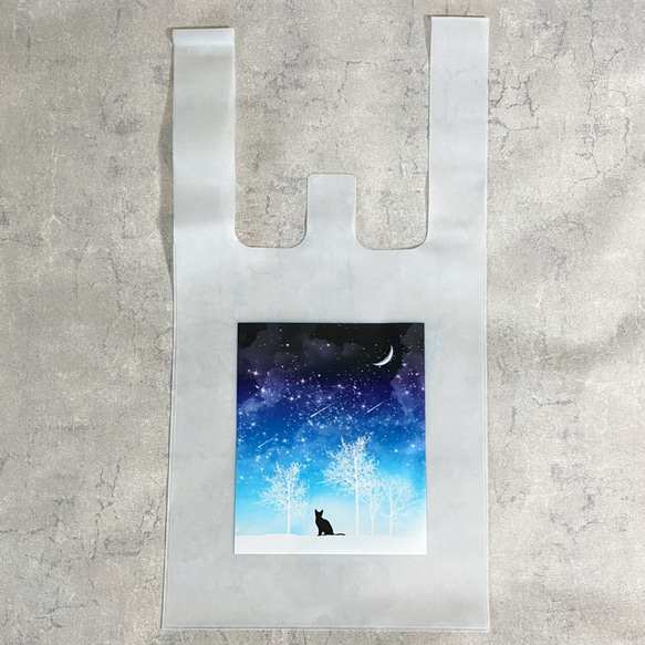 冬の星空・猫 PVC マルシェバッグ（乳白色） 3枚目の画像