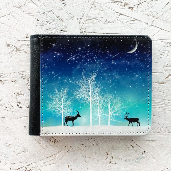 冬の星空 二つ折り財布 鹿 / コンパクト財布 星 月 1枚目の画像