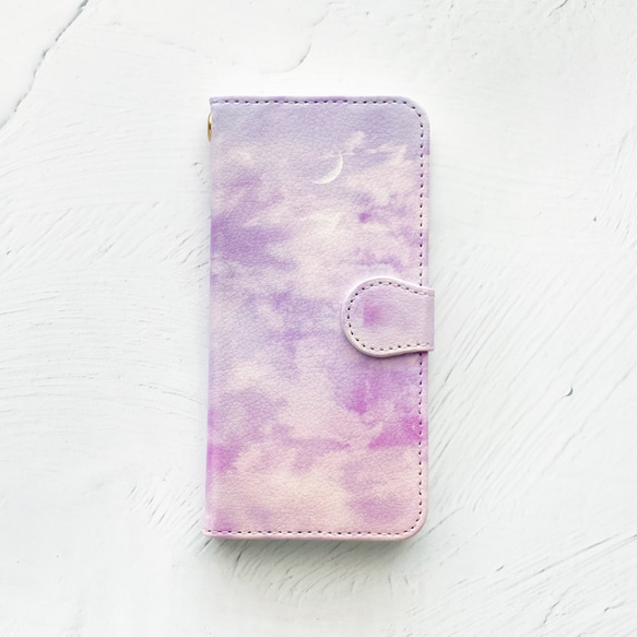 淺紫色的天空和新月筆記本型 iPhone 外殼智能手機外殼兼容所有型號 iPhone13 iPhone12mini 第1張的照片