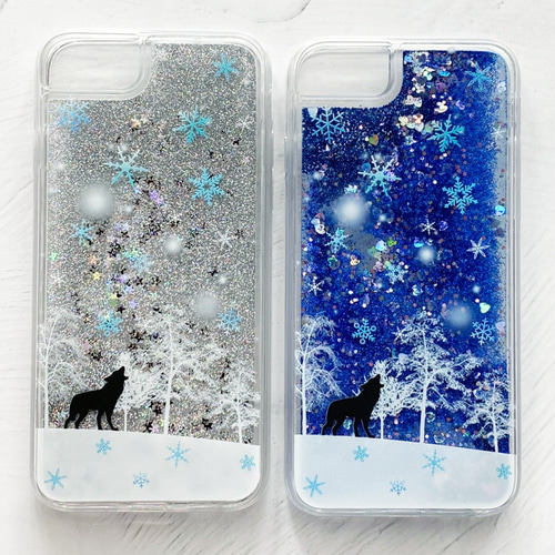SNOW・冬の星空 iPhoneグリッターケース / 月 星 猫 狼 ペンギン
