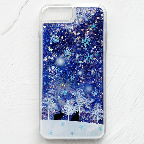 SNOW・冬の星空 iPhoneグリッターケース / 月 星 猫 狼 ペンギン