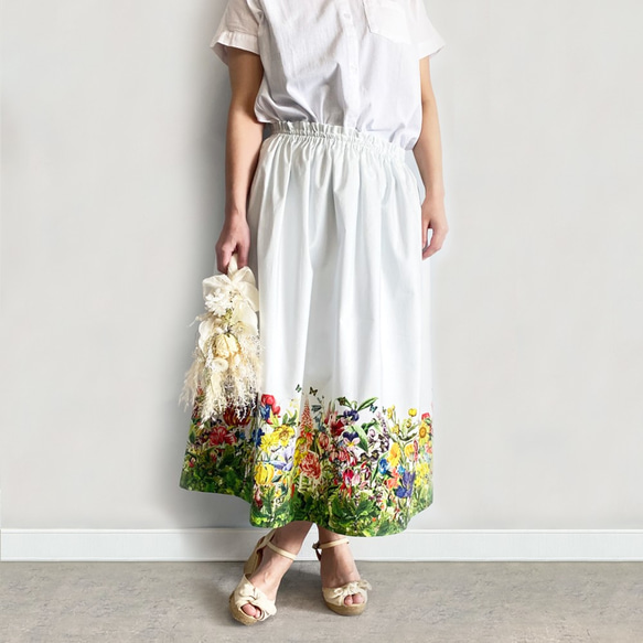 花の楽園 ボタニカル柄(ホワイト) ギャザースカート 13枚目の画像