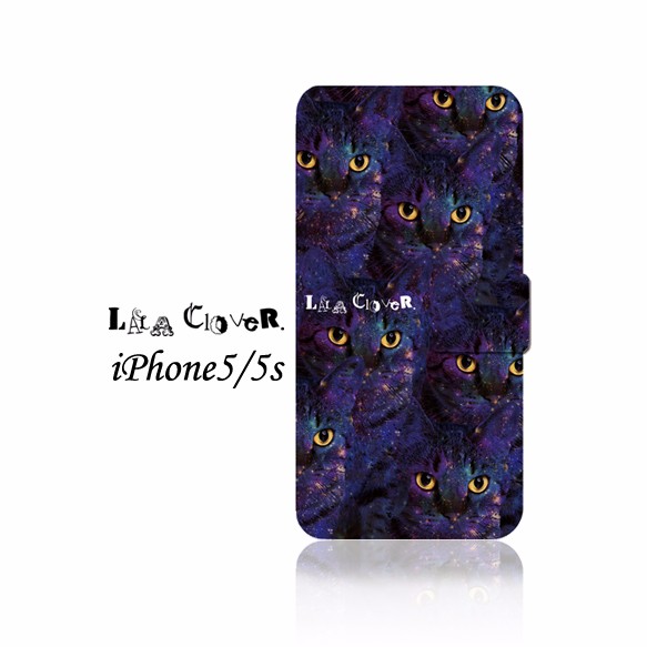 GALAXY CAT柄 手帳型 iPhone5 iPhone5Sケース /ギャラクシー/宇宙/ネコ/猫 1枚目の画像