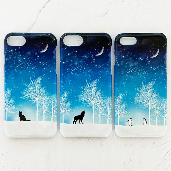 全8種 冬の星空 iPhoneケース ハードケース スマホケース / 月 三日月 雪 星 猫 狼 iPhone14 1枚目の画像