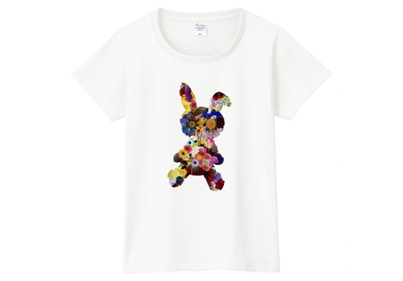 FLOWER RABBIT Tシャツ（women） 花 うさぎ ウサギ コラージュ 2枚目の画像