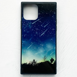 夜空に降り注ぐ流星柄 iPhoneケース TPU スクエア型 強化ガラス 3枚目の画像