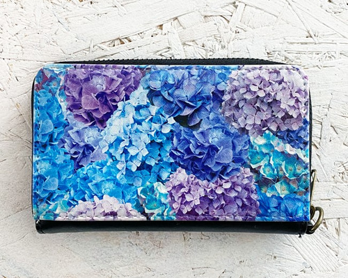 ミニ財布｜紫陽花｜リールストラップ付き｜コンパクト財布｜定期入れ