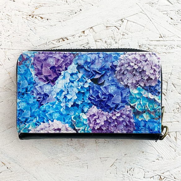 ミニ財布｜紫陽花｜リールストラップ付き｜コンパクト財布｜定期入れ