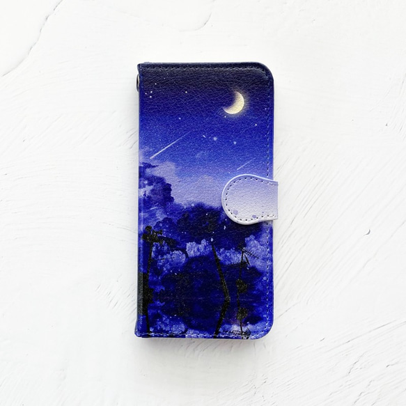 真夜中の月 手帳型 iPhoneケース スマホケース 星 夜空 1枚目の画像