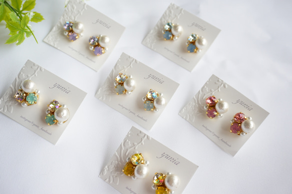 【イヤリング】pastel color bijou earrings 　コットンパールのビジューイヤリング 1枚目の画像