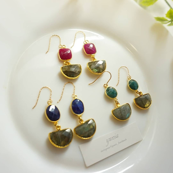 【k14gf】 sapphire × labradroite earrings　成功をもたらすサファイアとラブラドライト 4枚目の画像