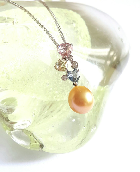 Golden pearl, diamond, multi colour sapphire 18k white gold 第1張的照片