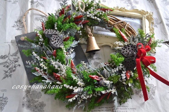 トウガラシとハスの実wreath 1枚目の画像