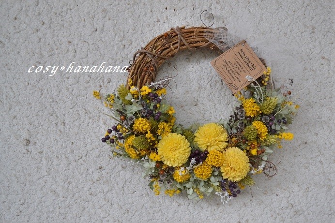 ミモザ蕾⑅︎*秋色アジサイのグーリン軽やか♪ハーフリース⋆︎* フラワーアレンジメントレッスン～2月～｜サンロク仙台店|宮城