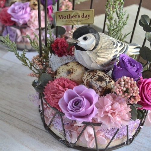 母の日2020】鳥かご花arrange＊シジュウカラ プリザーブドフラワー