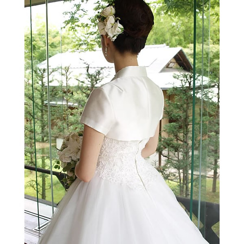 ボレロ【ミカドサテンのスタンドカラー】結婚式 サテンボレロ 半袖