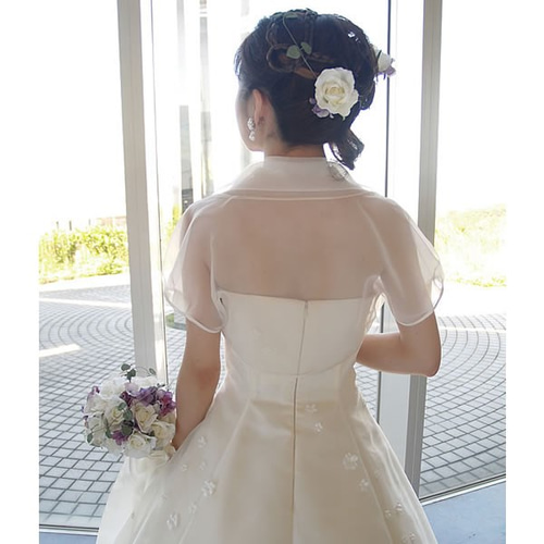 ウェディングドレス  結婚式　アンクル丈 ボレロ付 ふんわり衿のオーガンジーボレロ 結婚式 披露宴 ウェディングドレス