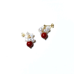 【若桑】【泉】艷色。紅珊瑚&天然珍珠。14k包金耳環/耳釘/耳夾/無耳洞適用。 第3張的照片
