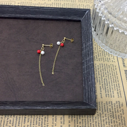 【若桑】【蜻蜓】相思紅豆。珍珠&紅珊瑚。極簡繞線。小臉效果。18KGP。長鏈耳環。簡約風格。耳環/耳釘/耳夾 第2張的照片