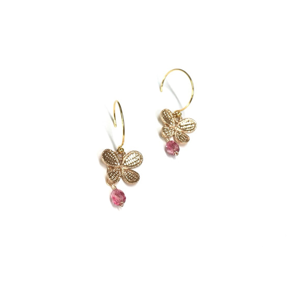 可改耳夾。《阿飛的小蝴蝶》小巧蝴蝶&莓果色水晶。耳環。鍍18k金耳環 第3張的照片