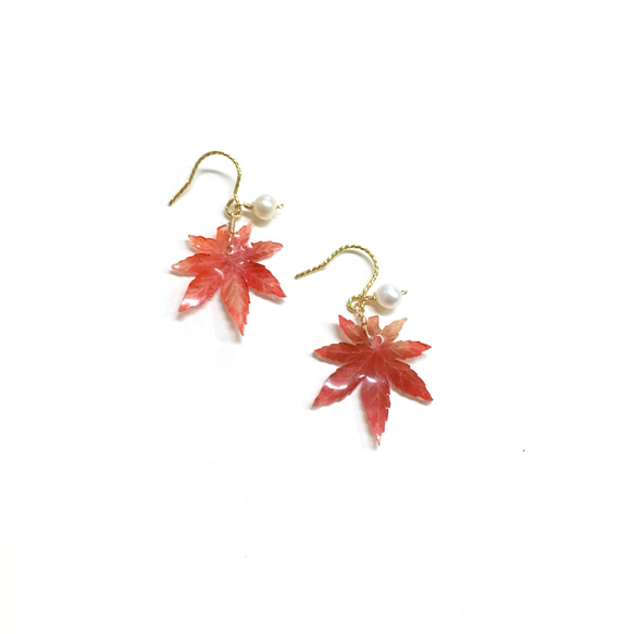 可改耳夾。【秋。花序】VI。楓葉。天然珍珠。手作復古耳環。 第1張的照片