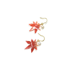 可改耳夾。【秋。花序】VI。楓葉。天然珍珠。手作復古耳環。 第2張的照片