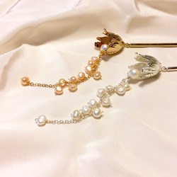 【若桑】【鈴蘭】天然珍珠。銀色款。白色鈴蘭髮簪。 第4張的照片