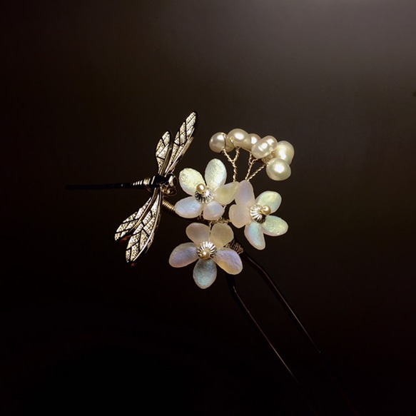 [歌った場合] &quot;Xia Yu。ファーストレインII。蜻蜓真珠の花簪。天然真珠輸入虹色の花びら。そして風の髪／着物の髪 2枚目の画像