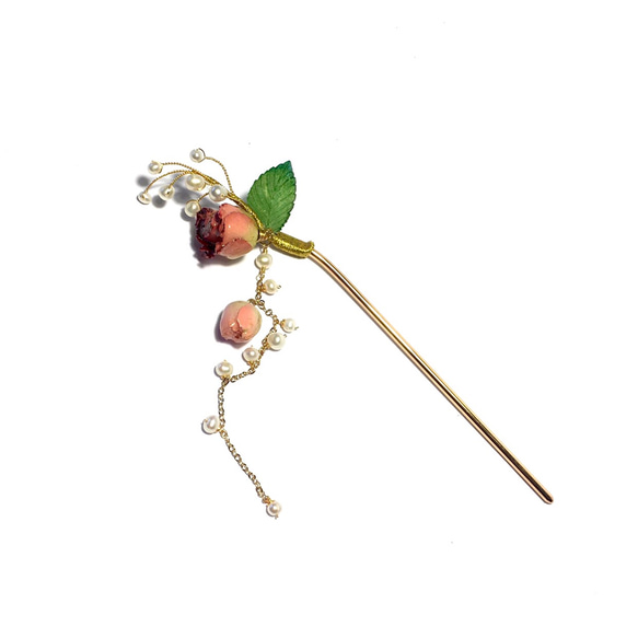 【若桑】《玫瑰。奔放》天然珍珠玫瑰花簪。樹脂。乾燥花。髮簪/髮飾。 第3張的照片