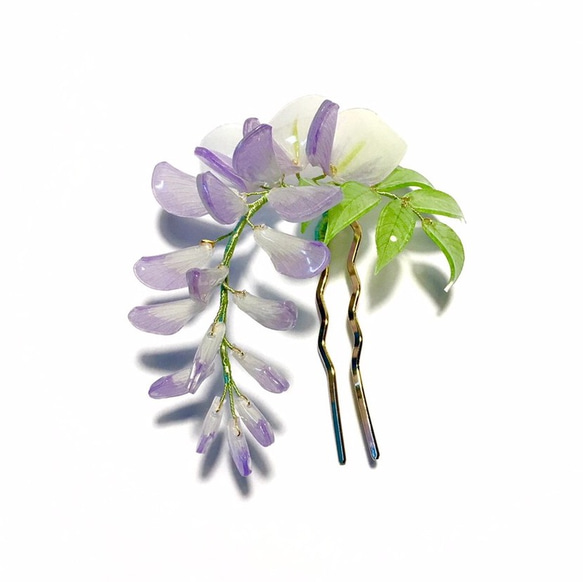 【若桑】《紫藤。雨》手造樹脂紫藤花簪。和風髮簪/和服髮飾。古典/復古風格髮飾。 第1張的照片
