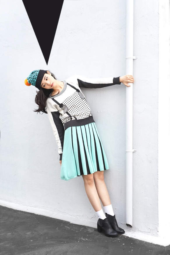 Mint Green Central Pleated Knitted Half Circle Skirt 4枚目の画像