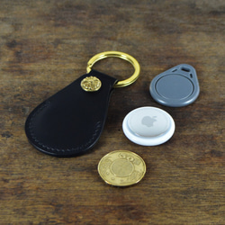 【鞹】手制 義大利協會認証植鞣革黑色手縫Air Tag-IC鑰匙扣卡-50元硬幣鑰匙皮套 第1張的照片