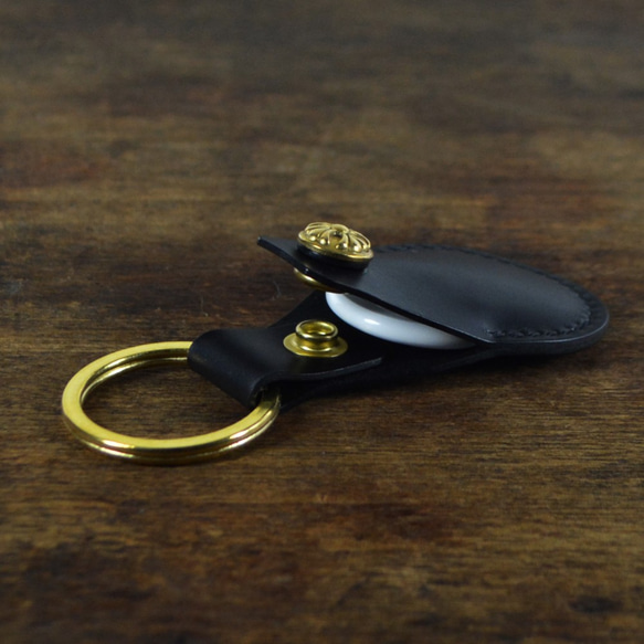 【鞹】手制 義大利協會認証植鞣革黑色手縫Air Tag-IC鑰匙扣卡-50元硬幣鑰匙皮套 第3張的照片