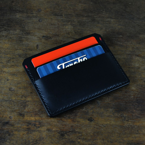 【鞹】手制 義大利協會認証植鞣革黑色手縫雙面卡片夾 悠遊卡 信用卡 錢夾 第2張的照片
