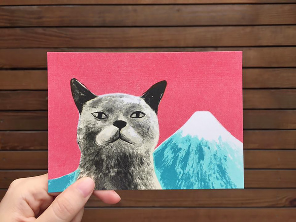 貓與富士山－孔版印刷明信片 第1張的照片