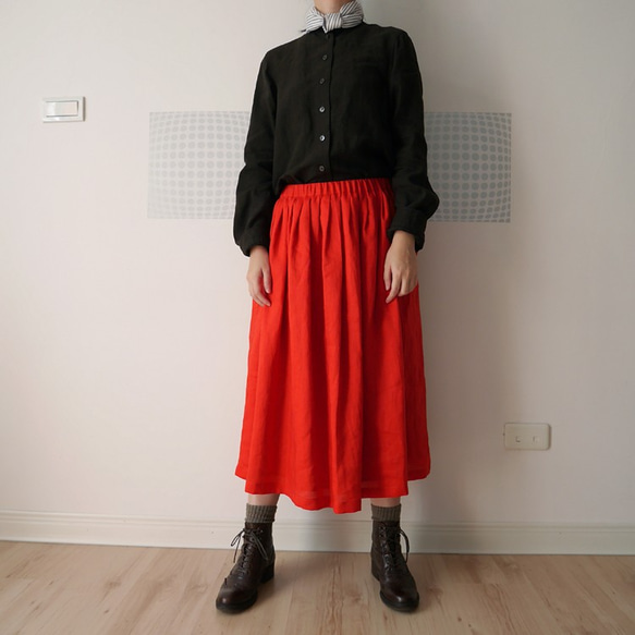 手作紅色苧麻側口袋褶裙 Handmade Red Ramie side pocket pleated skirt 第2張的照片