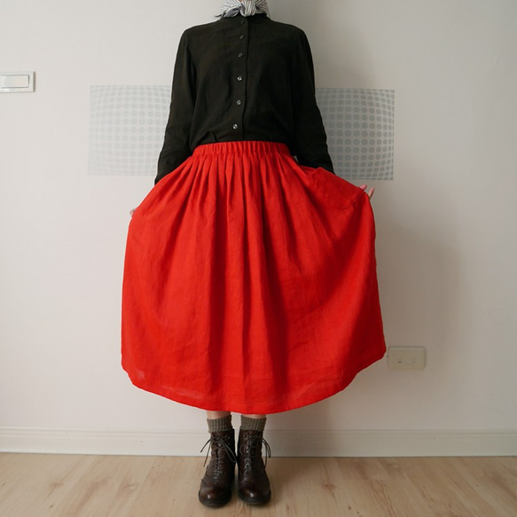 手作紅色苧麻側口袋褶裙 Handmade Red Ramie side pocket pleated skirt 第5張的照片