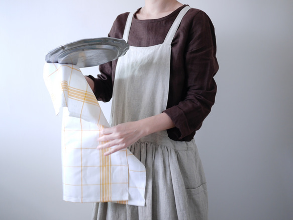 立陶宛亞麻棉家事巾抺布 野餐風黃白格 第6張的照片