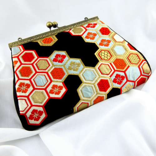 亀甲花菱》着物帯リメイク手持ちバック 肩掛け ボケット付き