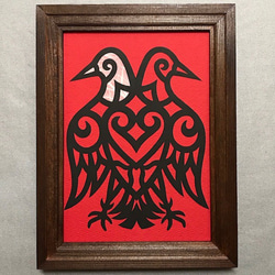 送料無料☆吉祥鶴亀☆アイヌ風 手刺繍（色紙額）健康・長寿・Happylife