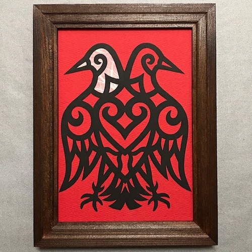 受注制作☆予言の鳥・ヨゲンノトリ☆切り絵（アイヌ紋様）赤に黒＜2L版