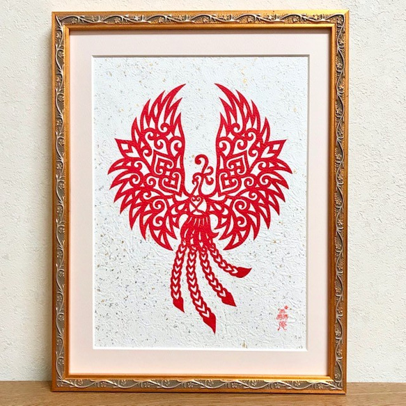 現品限り！受注制作☆鳳凰☆切り絵（アイヌ紋様）金銀入り白和紙