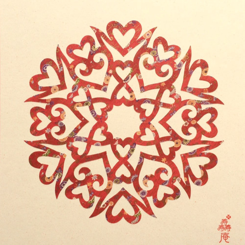 神紋切り絵・家守り【表紋様】赤柄和紙（額なし・色紙サイズ