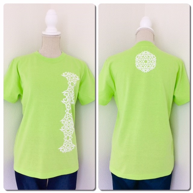 限定販売！神紋・背守りＴシャツ・ライムグリーン（半袖）男女兼用・紳士サイズ（ S・M、綿100％）Happylifeに！