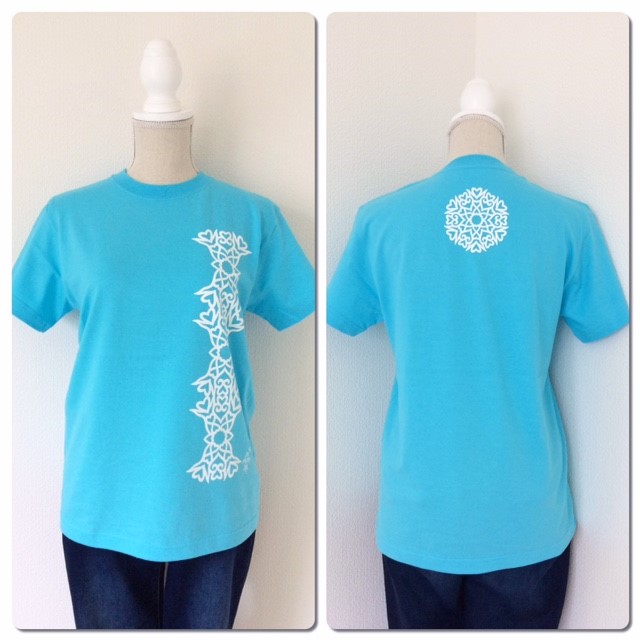 限定販売！神紋・背守りＴシャツ・アクアブルー（半袖）男女兼用・紳士サイズ（S～XL）Happylifeに！