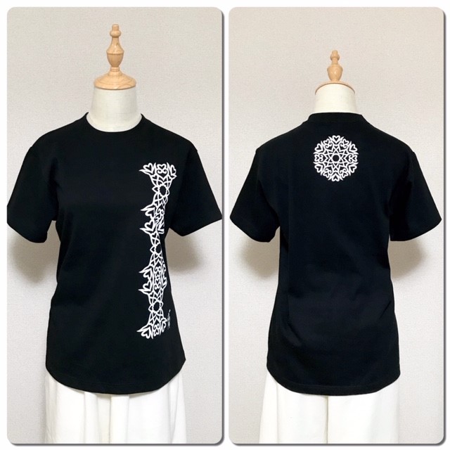 現品限り！神紋・背守りＴシャツ・ブラック（半袖）男女兼用・紳士サイズ（S・綿100％）Happylifeに！