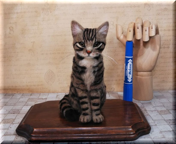猫　優しいキジトラちゃん　額付　53cm×41cm chico＊ 羊毛フェルト 猫 ＊ キジトラちゃん ブローチ *・ ネコ