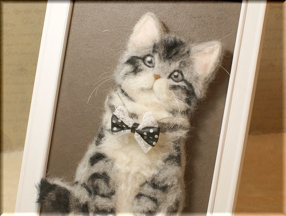 羊毛フェルト画　猫　アメリカンショートヘア　ネコ　ねこ 2枚目の画像