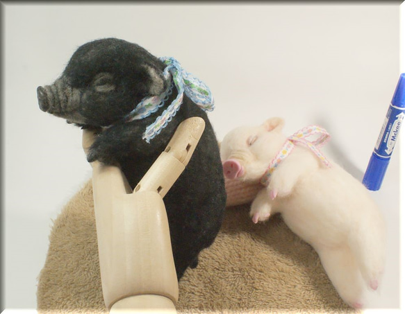 羊毛フェルト　豚　仲良くおねんねミニブタちゃん　ブタ　ぶた　豚フィギュア 3枚目の画像