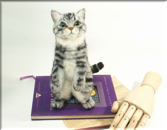 羊毛フェルト　猫　アメリカンショートヘア　立ちニャンコ　猫フィギュア　アメショー 2枚目の画像